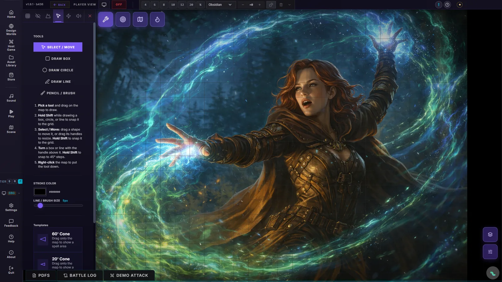 The live play surface — your on-map tools sit top-left