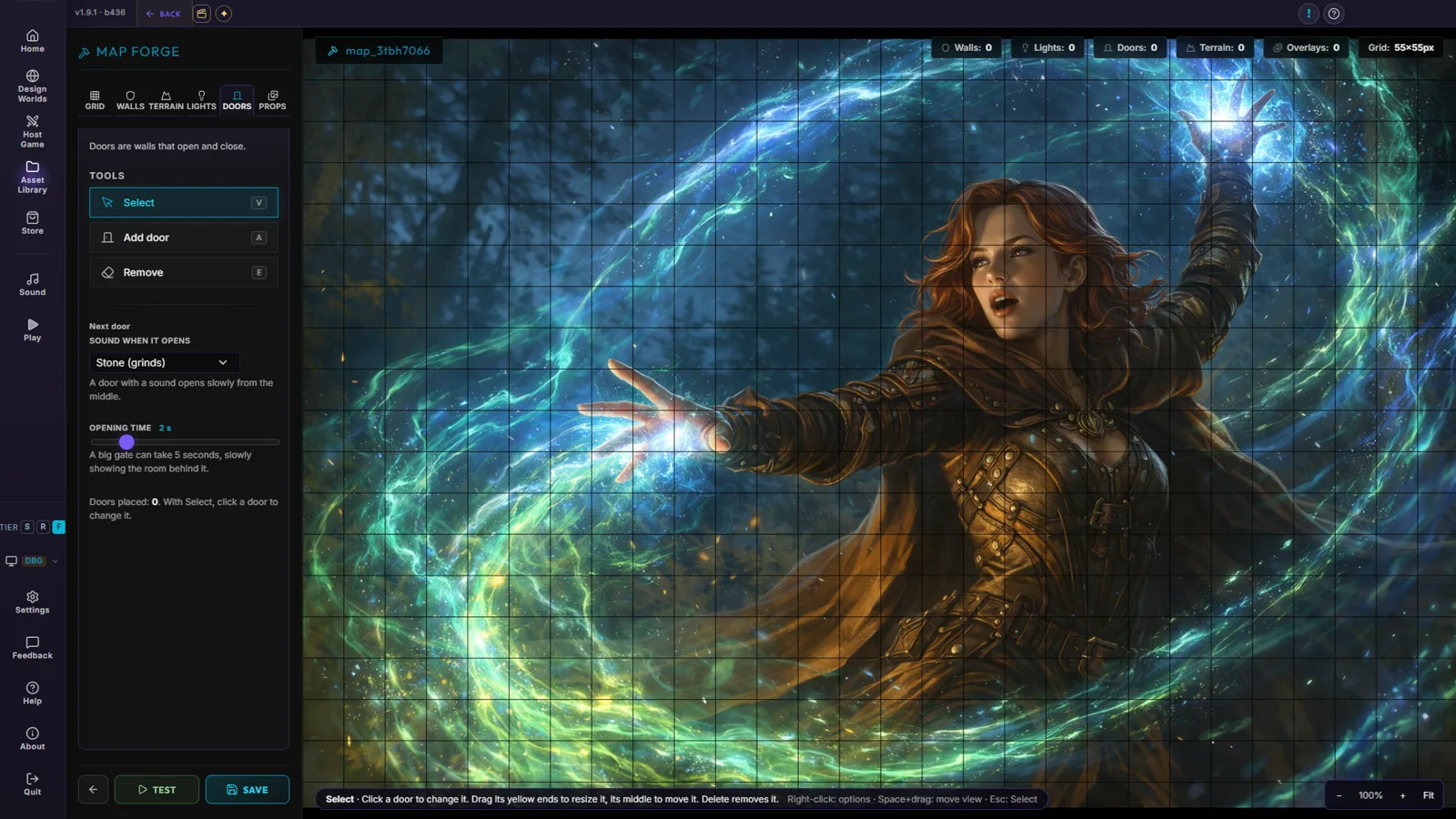 The Map Forge — grid, walls, terrain, lights, doors and props